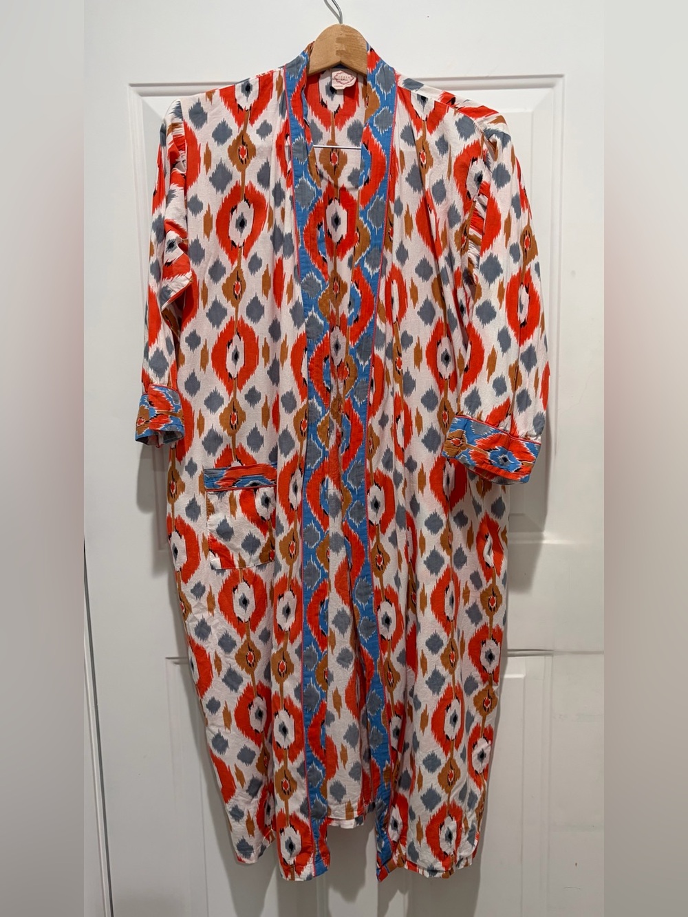 Women’s Ikat Red/Blue Geometric Long, Light weight, 100% Cotton GorpCore, Robe